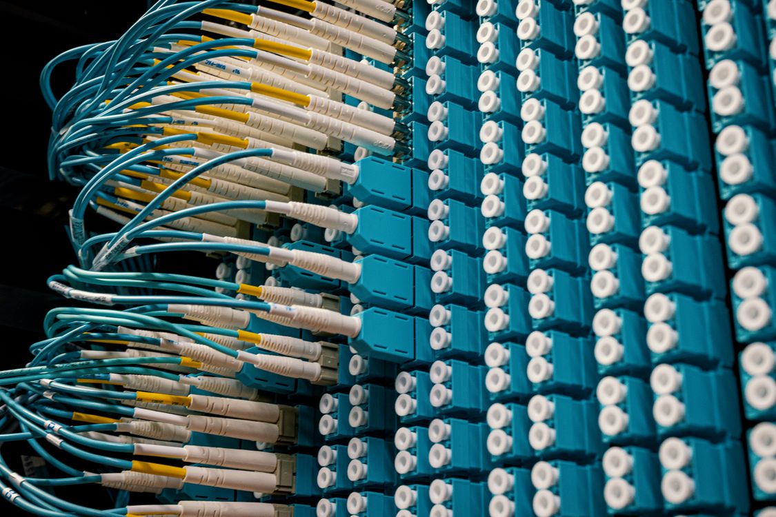 Fiber optic cables connected in a network rack, showcasing high-speed infrastructure