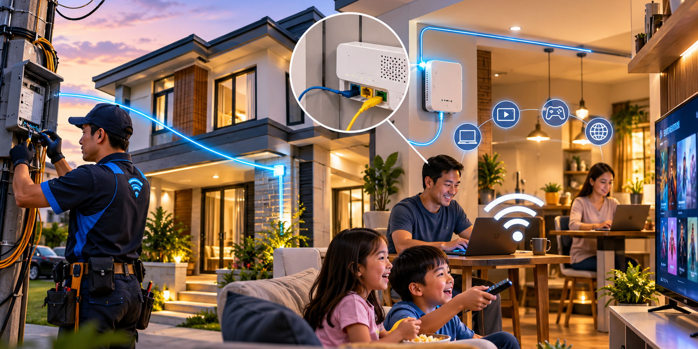 A fiber technician terminating a line at a distribution box, the fiber run glowing blue across to a home where a family streams and browses on connected devices